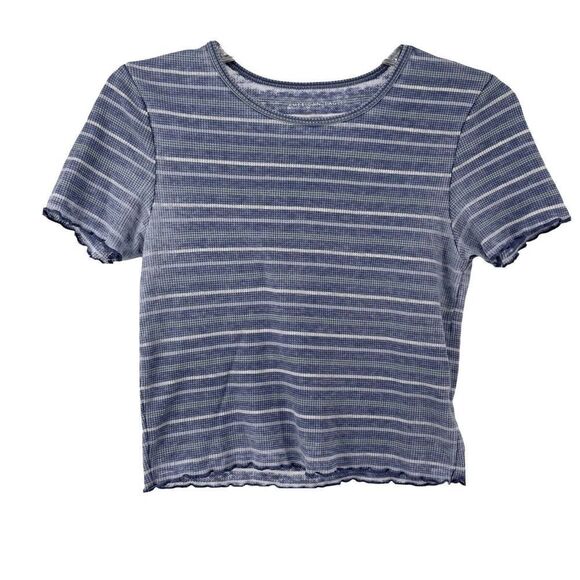 American Eagle Blue Striped Baby Tee Cropped Size M Ruffle Trim Casual Top VSCO - Picture 1 of 6
